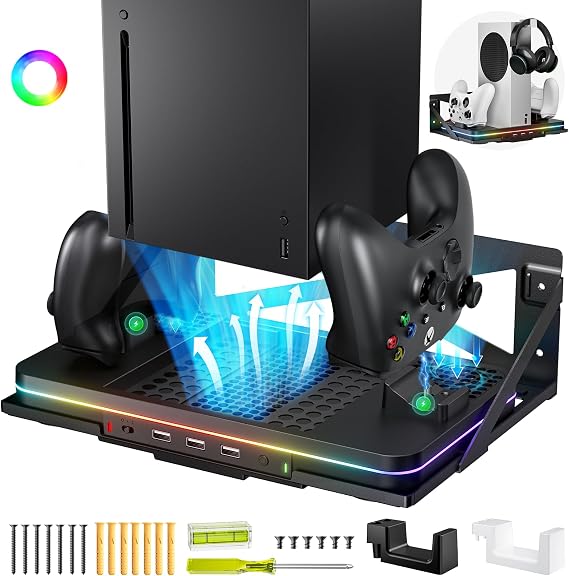 Allnice Wall Mount Charging Stand for Xbox Series X/S with Cooling Fan Accessories, Wall Mount Charging Station with 3 USB Ports Dual Controller Charger Station(Cooling Stand)