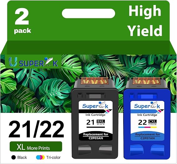 SuperInk 21XL 22XL Ink Cartridge Combo Pack Remanufactured for HP 21 22 21 XL 22 XL Compatible with DeskJet F4180 F2110 D1560 Officejet 4315 J3680 4315Y FAX 1250 3180 Printer (Black Tri-Color,2 Pack)