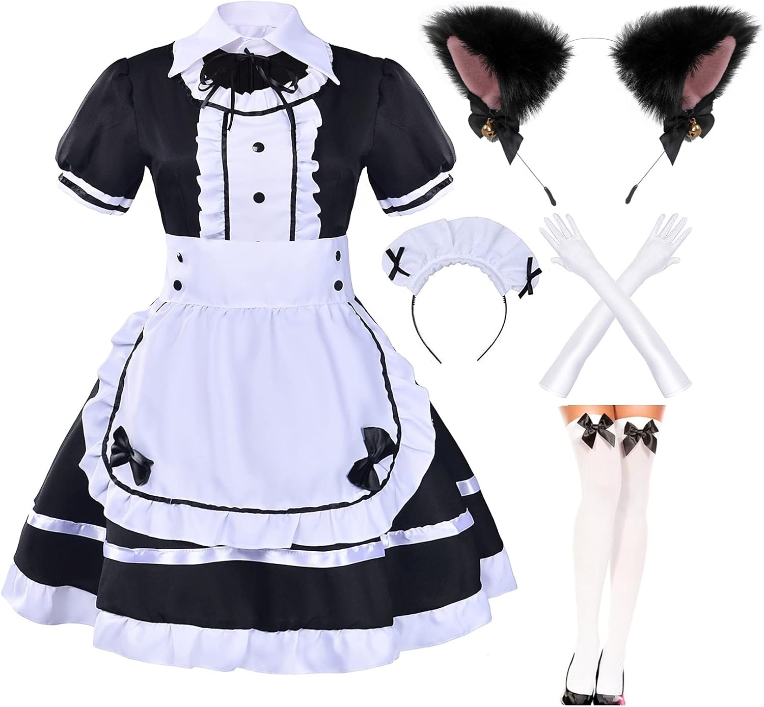 Japanese Anime Sissy Maid Dress Cosplay Sweet Classic Lolita Fancy Apron with Socks Gloves Set