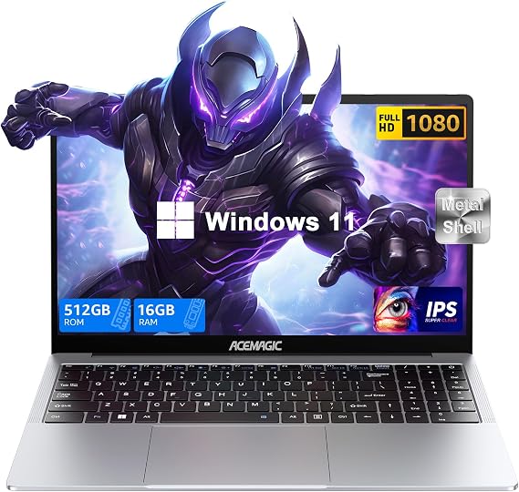 ACEMAGIC Laptop, 2024 Windows 11 Laptop Computer,16GB DDR4 512GB SSD with Intel Quad-Core Processor, 15.6 IPS 1080P PC,180 Open Angle,Long Battery Life,Metal Shell,WiFi, BT5.0, USB3.2, Type_C