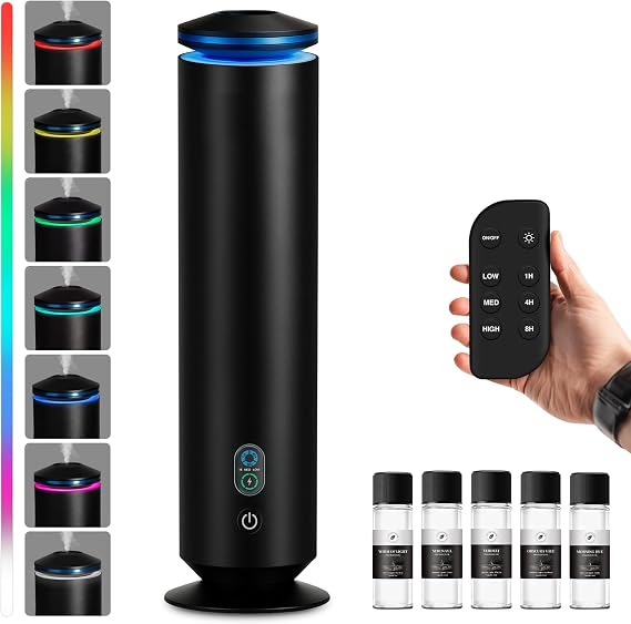Upgraded Waterless Scent Diffuser Starter Kit - 1500 Sq Ft Coverage, Scent Diffuser for Home, Hotel, Studio, Essential Oil Diffuser Large Room, 7 Mood Lights Setting, 5 Essential Oils Included
