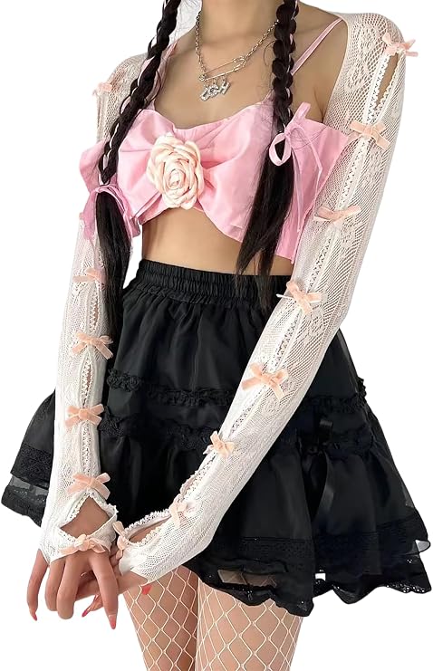 Women's Mesh Lace Shrug Crop Top Y2K Aesthetic Grunge Arm Sleeves Cardigan with Bow Going Out Shirts Summer