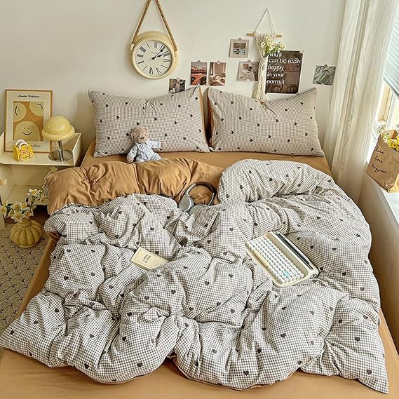 Printing Bedding 4 Piece Set, Soft Washed Cotton Queen Duvet Cover Set, Garden Style Floral Bedding Comforter Cover Set, Includes 2X Pillowcase, for All Seasons,Brown 1,Queen