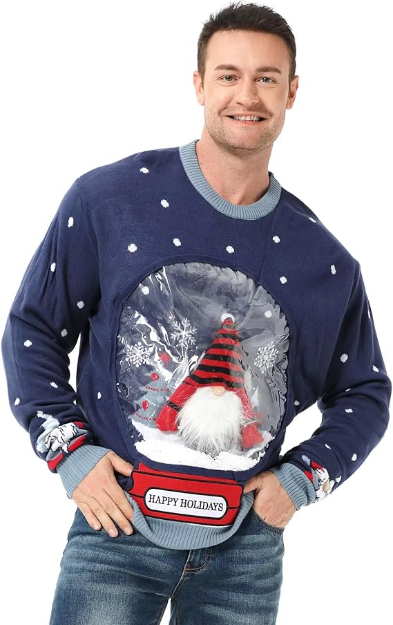 Men`s Ugly Christmas Sweater Unisex Women`s Funny Novelty Santa Pullover for Party Go Snow Gnome or Go Home Medium