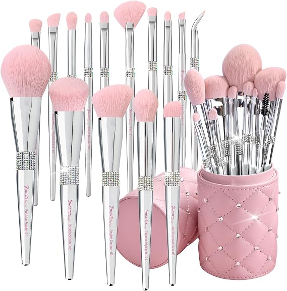 Bueart Design 15pcs Elegant Pink Shiny Labelled Makeup Brushes Sets