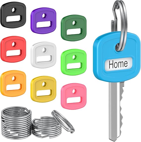 Uniclife 10 Pcs Key Covers Caps, 1" Key Identifiers with Labels, Soft Stretchy Key Covers for House Key, Cute Key Head Protectors for Standard Keys (Not for Odd-Shaped Keys), 10 Colors