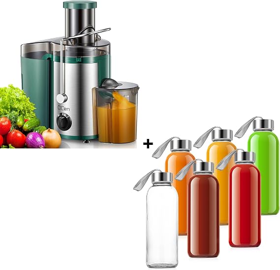 QCen Centrifugal Juicer Machine Green and 6PCS Glass Bottle Bundle