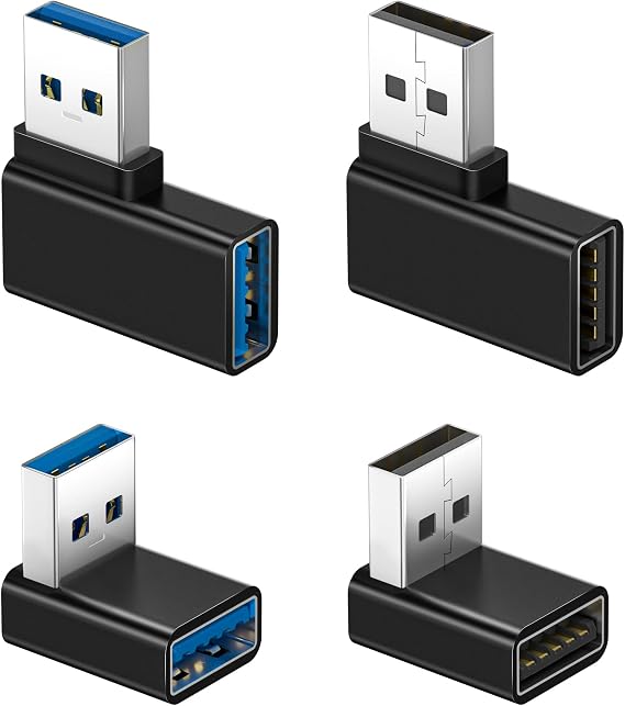 90 Degree USB A Male to Female Adapter 4 Pack,Up Down & Left Right Angle USB 3.0 Connectors,5Gbps USB Extender for CarPlay,Printer,PS5 PS4,Laptops,Disk,Power Bank,Chargers,Computer 