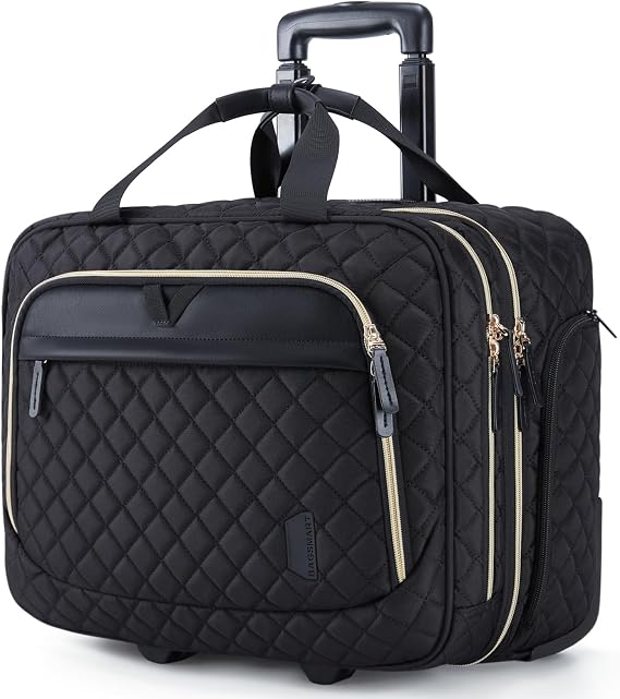 bagsmart 17.3 Inch Rolling Laptop Bag, Quilted Black | For Women and Men, Briefcase With Wheels, Computer Case, For Work Travel Business