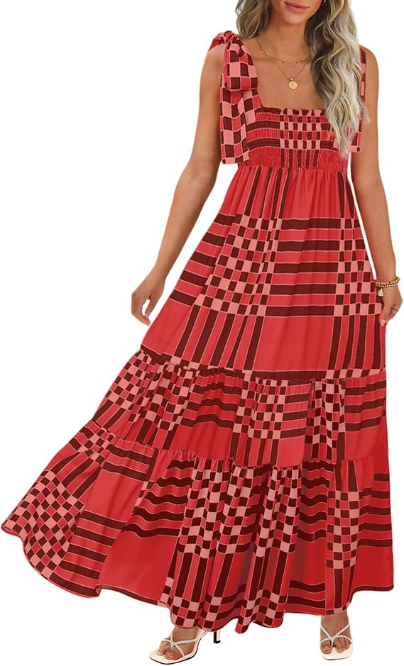 CURBODO Women's Summer Maxi Dress Boho Spaghetti Straps Casual Long A-line Smocked Beach Dress Flowy Sun Dresses with Pockets