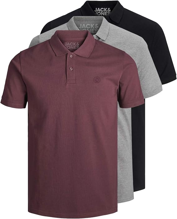 Jack & Jones 12171776 Pack of 3 Men's Polo Shirts Slim Fit Short Sleeve Black White Blue Grey XS S M L XL XXL