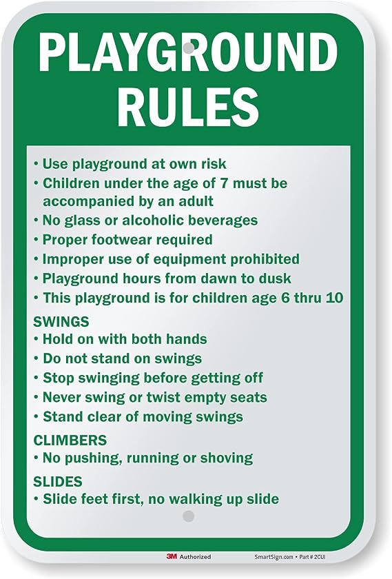 SmartSign 18 x 12 inch Playground Rules - Use At Own Risk, Children Should Be Accompanied... Metal Sign, 63 mil Aluminum, 3M Laminated Engineer Grade Reflective Material, Green and White, USA-Made