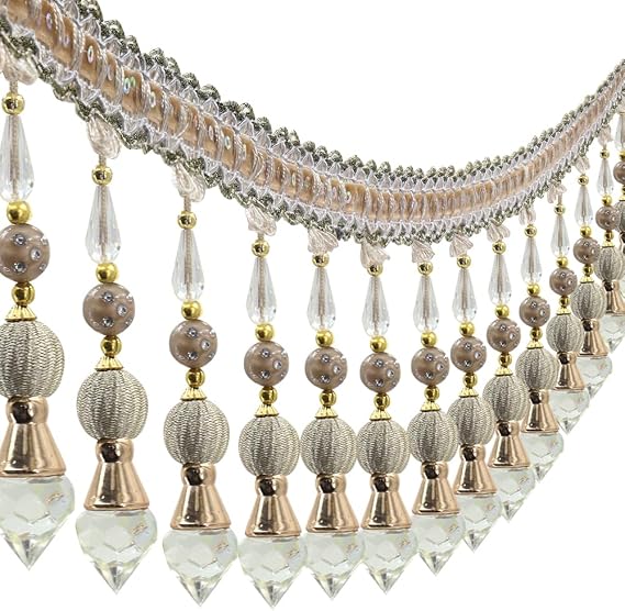 3yards Beading Fringe Trimming Long Beads Tassel Curtain Trim Ribbon Trim for Cover Edge Decorative (Beige)