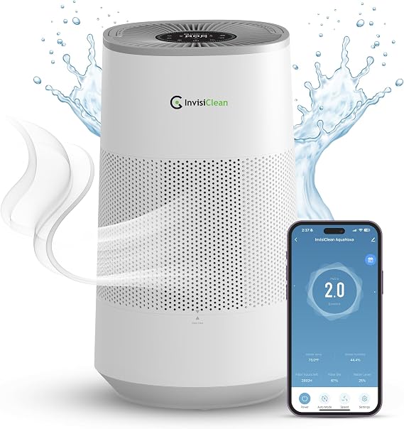 Air Purifier and Humidifier Combo All in One for Bedroom - Quiet 2 in 1 Smart Air Humidifier and Purifier for Home - Use Year-round for up to 1100 sq ft - InvisiClean AquaNova