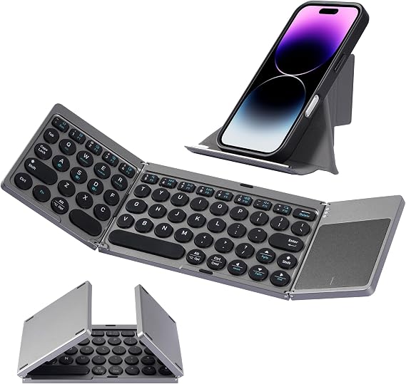 LAMA Foldable Bluetooth Keyboard with Trackpad, Wireless Portable Ultra-Slim Foldable Keyboard for iPad Tablet Smartphone iOS Android Windows PC, Grey