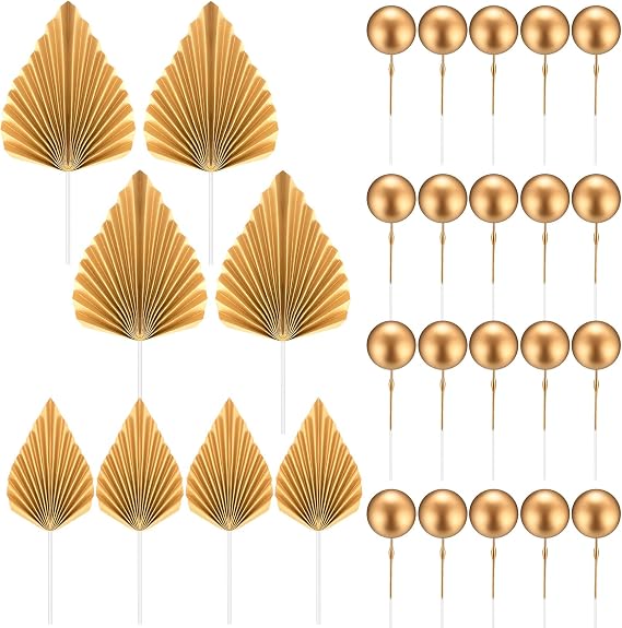 20 Pcs Gold Balls Cake Toppers, 8 Pcs Gold Palm Leaves Cake Decorations, Foam Balls Paper Palm Leaf Cake Toppers Insert Decorations for Birthday Baby Shower Wedding Party Decorations