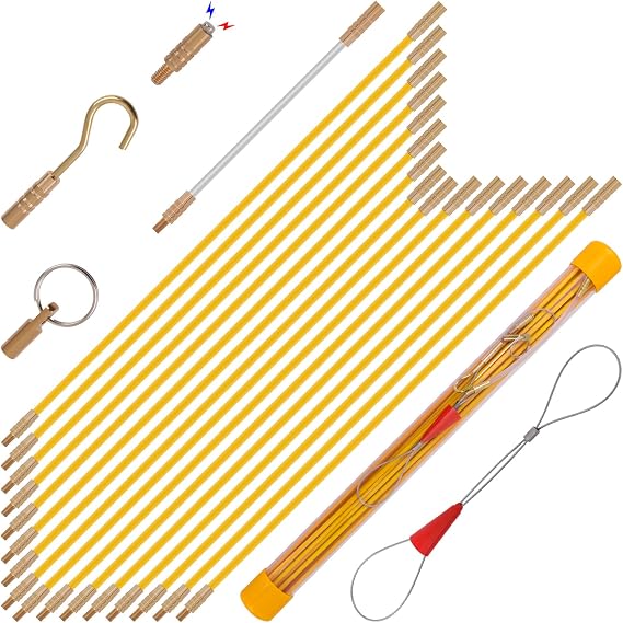 22FT Fiberglass Wire Running Kit, Cable Running Rods with 4 Attachments | Fiberglass Electrical Wire Running Rods, 22FT Non-Conductive Pulling Kit with 4 Interchangeable Heads, Carrying Case