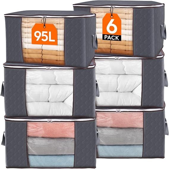 Lifewit 95L Clothes Storage Bags Large Storage Box With Lid Packing Boxes for Moving House With Reinforced Handle Thick Fabric Clear Window for Clothes Duvet Blankets Bedding, 6 Pack, Grey