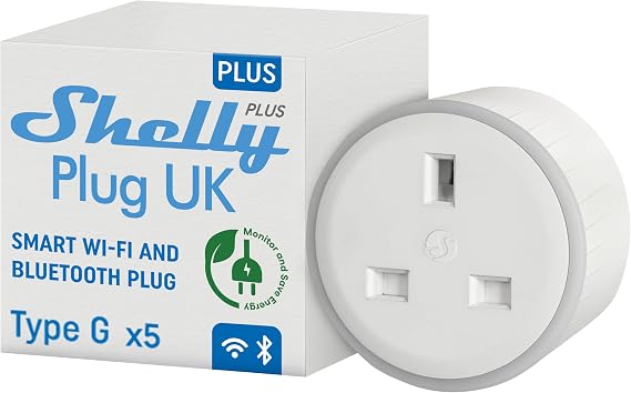 Shelly Plus Plug UK - Smart Wi-Fi Outlet with Power Metering, 13А, Max 3000W, Socket Remote Control, Electricity Usage, Custom Schedules & Timer, LED Indicator, Alexa, Google Home (5 Pack)