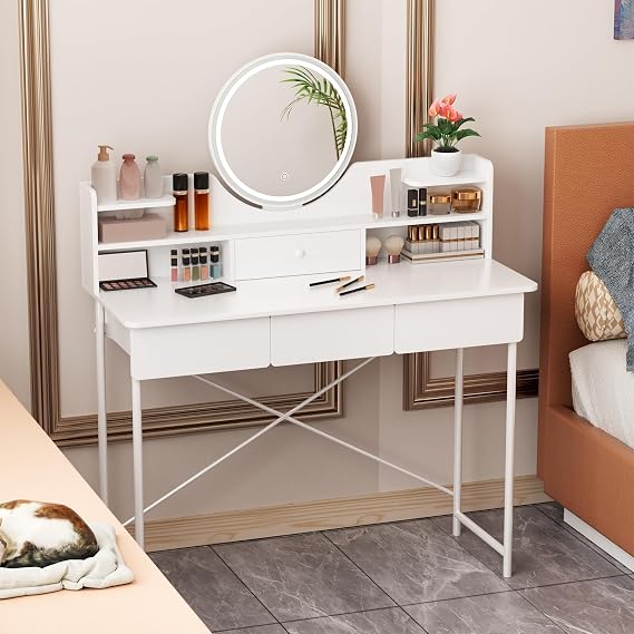 White Vanity Desk with LED Lighted Mirror and Lights, Vanity Desk with 4 Drawers & Opening Shelves, 3 Lighting Modes Adjustable Brightness, Bedroom Dressing Table White