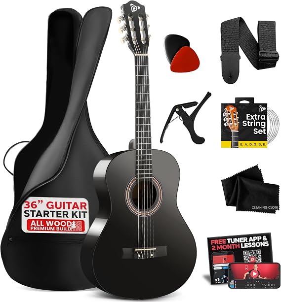 Pyle Beginner Acoustic Guitar Kit, 36" 3/4 Junior Size All Wood Build, Nylon Strings, Capo, Gig Bag, Strap, Extra String Set, Guitars for Adults and Youth, Black Gloss