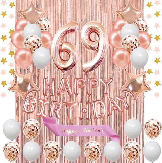 Fancypartyshop 69th Birthday Decorations - Rose Gold Happy Banner and Sash With Number 69 Balloons, Latex Confetti Balloons for Girl and Women 69 Years Old