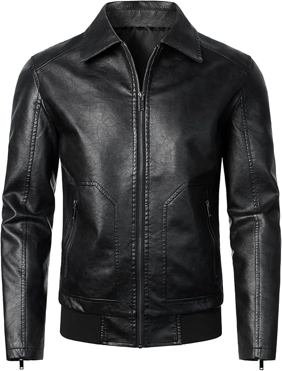 HOOD CREW Mens Faux Leather Bomber Jacket Classic Style Motorcycle Jackets