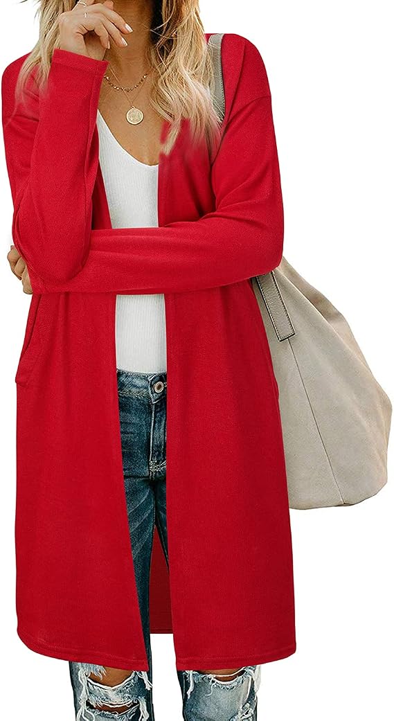 OUGES Women's Open Front Cardigan Shirt with Pockets Long Sleeve Lightweight Coat