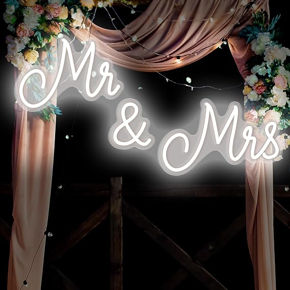 Mr and Mrs Neon Sign for Wedding 25 x 7 Inches Cold White LED