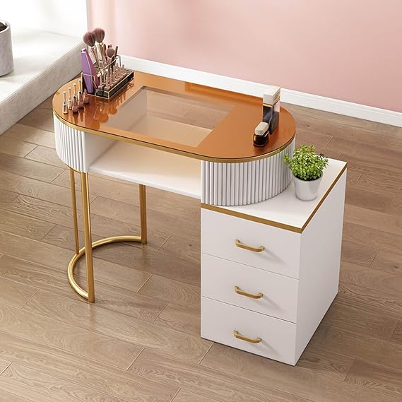 Modern Wooden Nail Tech Desk – Stylish Manicure Table with Drawers & 3Tier Storage Professional Beauty Workstation for Salon Spa & Home Nail Art (Glass Top 80cm)