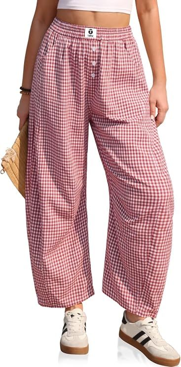 TARSE Womens Gingham Barrel Pants Wide Leg Casual Trousers