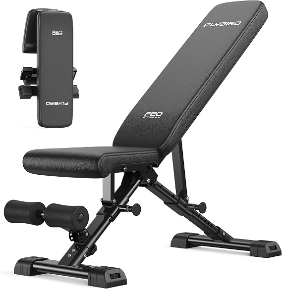 FLYBIRD WB5 Weight Bench, ASTM-Certified 800LBS Adjustable Weight Bench Workout Bench Foldable for Home Gym, 90 to -30 FID and 30in Extended Backrest for Bench Press Strength Training Exercise