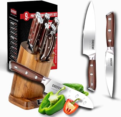 Professional 9-Piece Knife Set - German Steel 1.4116 Blade, PakkawoodG10 Handle, Acacia Wood Block, Gift Box Included a Free Stainless Steel Fingerguard and Peeler