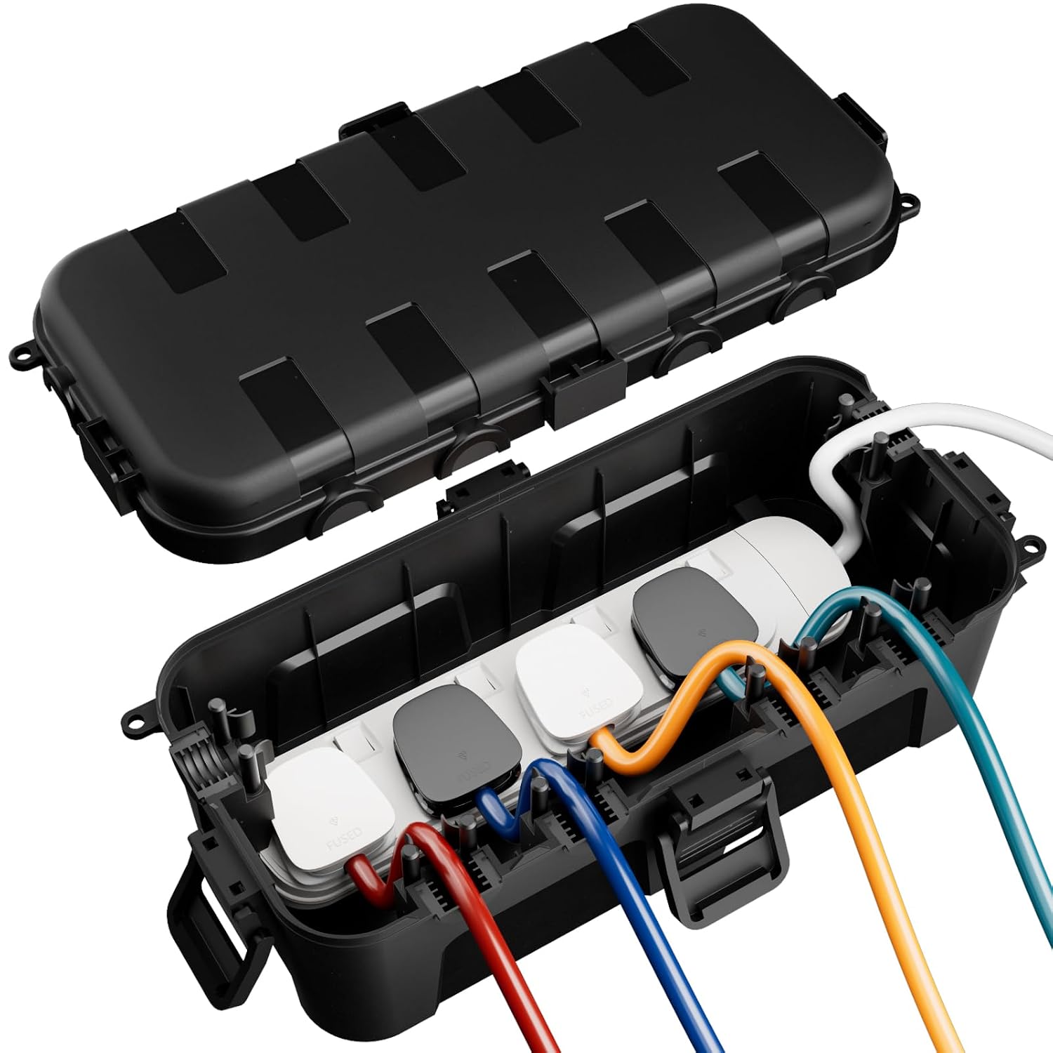RESTMO IP54 Weatherproof Electrical Box 29 × 13.2 × 10cm, Outdoor Waterproof Box for Multi Plug Extension Lead, Protect Outlet, Plug, Christmas String Lights from Water, Snow, Dust, Black