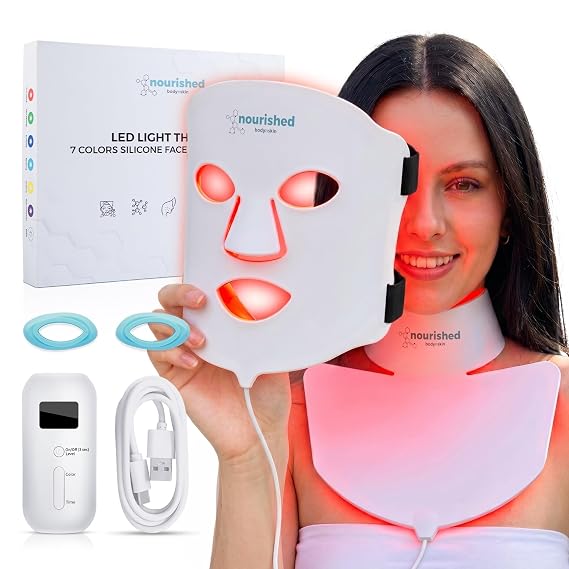 Nourished Bodynskin LED Light Therapy Face & Neck Mask - Facial Skin Care Device - 7 Colors Red & Blue - Rejuvenation, Anti-Aging Product for Wrinkles