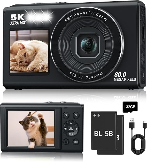 Digital Camera, 5K 80MP Dual Lens Camera with Dual Screens & 18X Digital Zoom, Compact Vlogging Camera for Teens with 32GB Card and 2 Batteries, Stylish Beginner Camera for Youth and Gift, Black