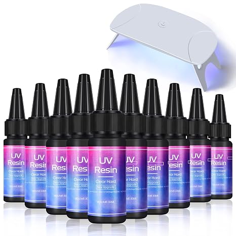 10pcs UV Resin Super Fast Curing Crystal Clear High Transparency Resin Crafts DIY Jewelry Making Kit with Mini Foldable UV Lamp for Beginners Gifts Silicone Resin Molds