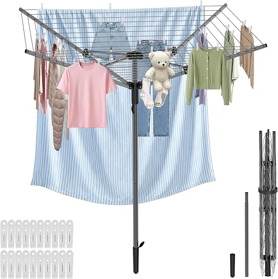 BAKON Heavy Duty Clothesline Outdoor,40M Rotary Adjustable Tension Umbrella Drying Rack, Anti-Sag Line for Large Clothes Bedding for Backyard Lawn Patio RV Camping