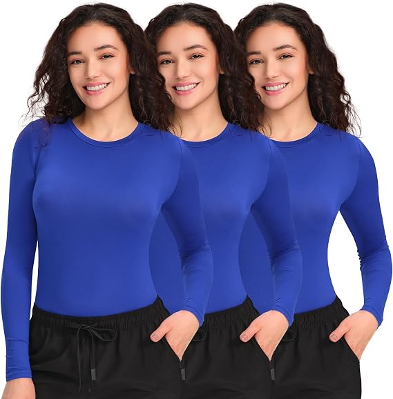 COZYFIT 3 Pack Underscrub Long Sleeve Women, Undershirts, High Crew Neck | Butter Soft Fabric, Base Tee for Scrubs, Under-Uniform Layer, For Nurses, Clinics, Long Shifts, Workday Wear