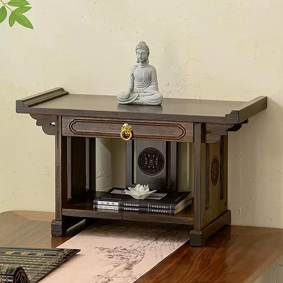 Altar Shelf with Storage,Bamboo Tables with Drawer,Chinese Meditation Prayer Table,Personal Shrine Stand for Worship & Prayer,Bedroom,Living Room,Office