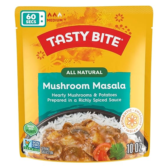 Tasty Bite Indian Entree Mushroom Masala 10 Ounce, Fully Cooked Indian Entree with Mushrooms and Potatoes in a Richly Spiced Sauce, Vegan, Gluten Free, Microwaveable, Ready to Eat
