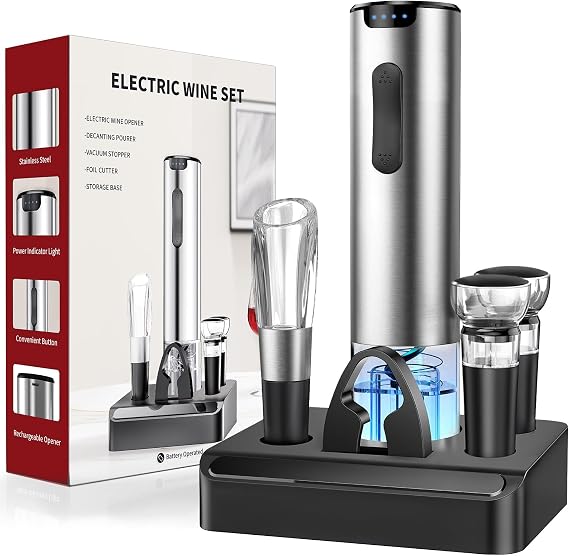 HomeHacks Electric Wine Opener, Automatic Wine Opener with Foil Cutter, Vacuum Stopper, Pourer, Rechargeable Wine Bottle Opener - Party Favor, Christmas Gift for Wine Lover