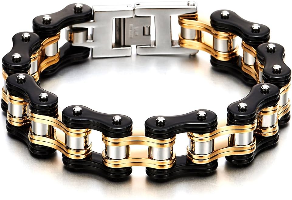 Masculine Mens Bike Chain Bracelet of Stainless Steel Two-Tone Polished