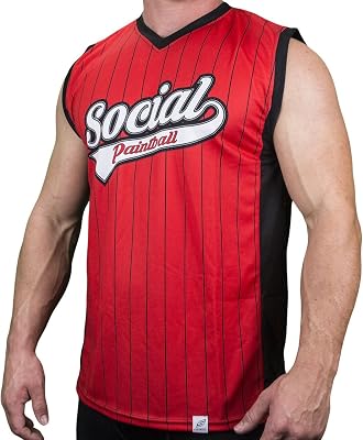 Social Paintball Sleeveless Jersey, Red with Black Pinstripes and Mesh Sides