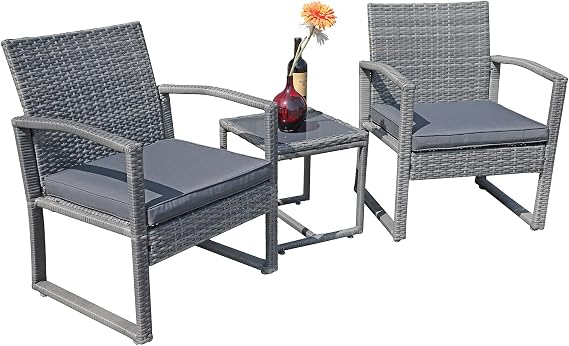 Patiorama 3 Piece Patio Furniture Set, Wicker Conversation Set-Dark Grey | Modern Bistro Set with Coffee Table, Rattan Chair Set for Garden, Balcony, Backyard, Poolside, Outdoor