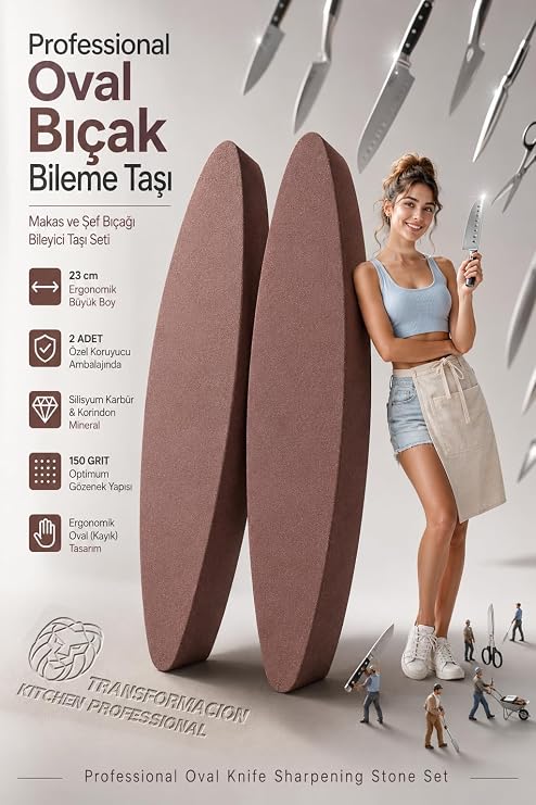 Transformacion Professional Oval Bıçak Bileme Taşı 2 ADET Rodex Design Çift Taraflı Giritli Tırpan Baltası Makas ve Şef Bıçağı Bileyici Taşı Seti 719824