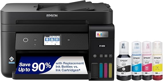 Epson EcoTank ET-4850 Wireless Color All-in-One Supertank Printer - White | Cartridge-free print, scan, copy, fax; up to 15.5 ppm, ADF, auto 2-sided; ideal for home and small offices