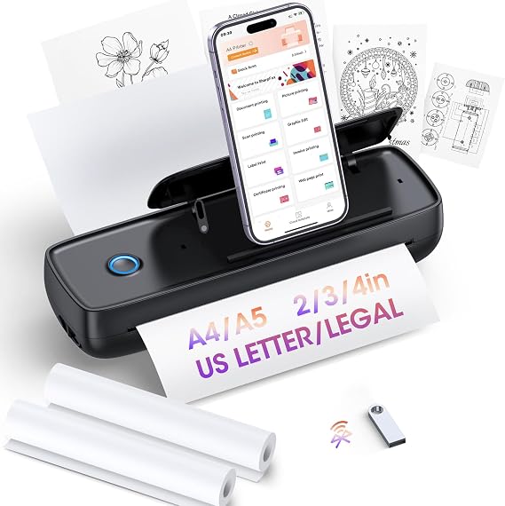 Inkless Portable Printer Wireless for Travel, Thermal Paper Support A4&A5, 8.5 X 11 US Letter &Legal, Compatible with iOS, Android&Laptop, Bluetooth & USB, Lightweight Wireless Printer for Home