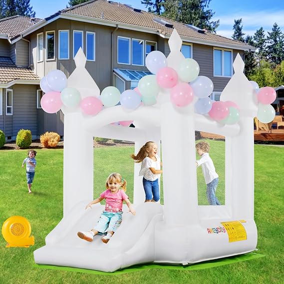AKEYDIY White Bounce House, Outdoor Indoor Fun Bouncy House with Blower, Bouncy Castle Inflatable Bouncer Slide for Kids 3-8, 102" x 70" x 97", W/ 108 Air Balloon, Carrying Bag, Ground-Cloth, Patches