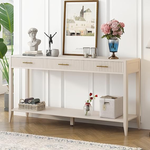 Entryway Console Table with 3 Vertical Stripe Drawers, 60'' Narrow Long Sofa Table with Open Shelf Behind Couch Table for Living Room, Foyer, Corridor and Hallway, White